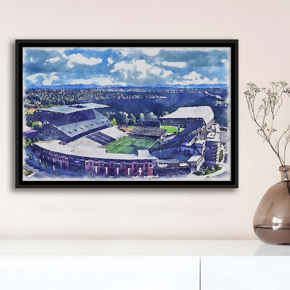 Husky Painting Stadium Watercolor, Seattle Washington Watercolor, Sport Gift Art, Framed Canvas Print Wall Art