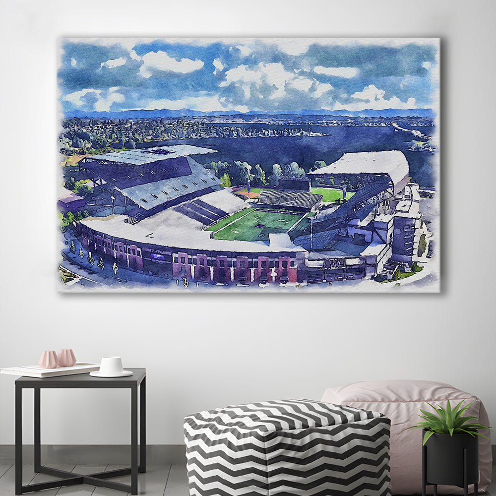 Husky Painting Stadium Watercolor, Seattle Washington Watercolor, Sport Art, Gifts for him, Canvas Print Wall Art