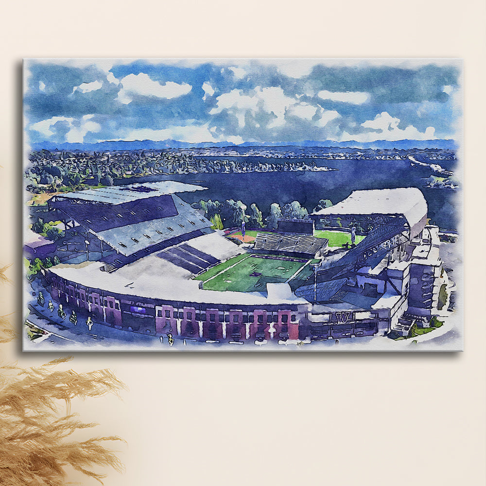 Husky Painting Stadium Watercolor, Seattle Washington Watercolor, Sport Art, Gifts for him, Canvas Print Wall Art