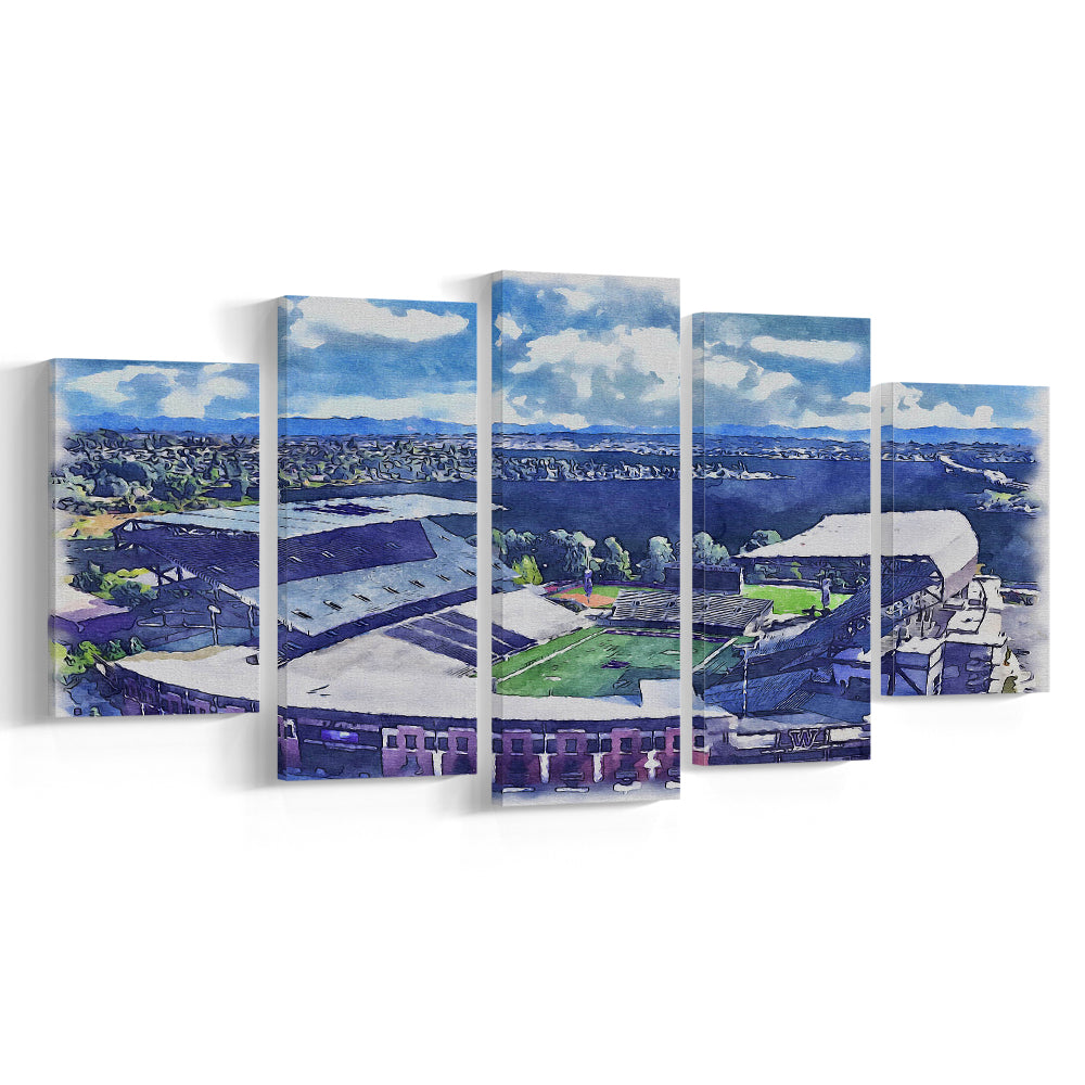 Husky Painting Stadium Watercolor, Seattle Washington Watercolor, Sport Art, Mixed 5 Panel, Canvas Print Wall Art