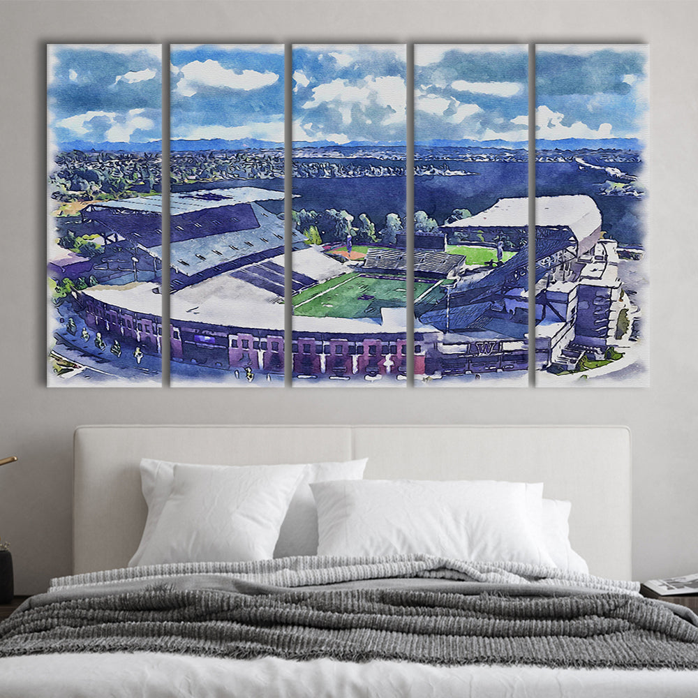 Husky Painting Stadium Watercolor, Seattle Washington Watercolor, Sport Art, Extra Large Canvas Print Wall Art