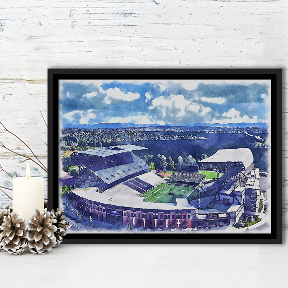 Husky Painting Stadium Watercolor, Seattle Washington Watercolor, Sport Gift Art, Framed Canvas Print Wall Art