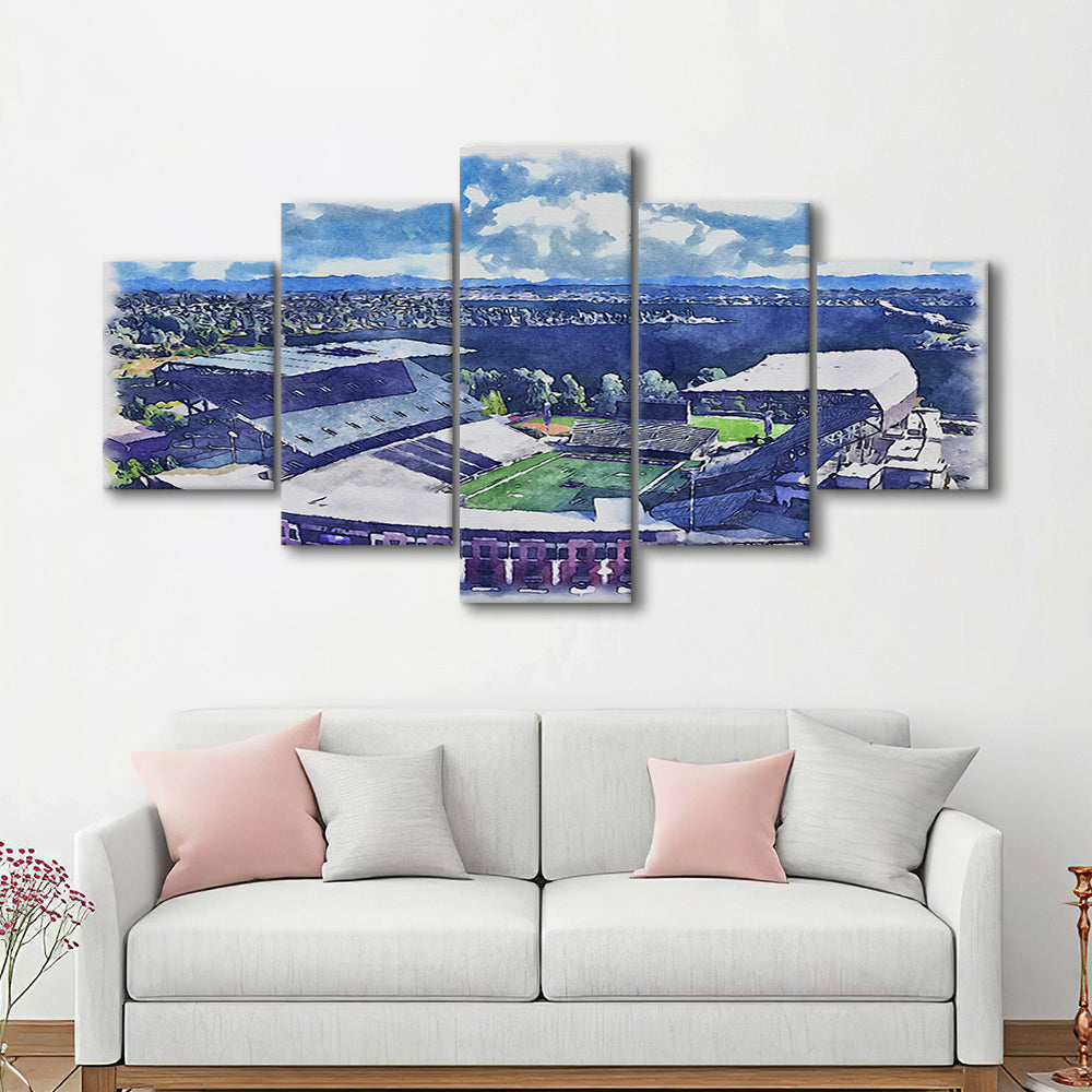 Husky Painting Stadium Watercolor, Seattle Washington Watercolor, Sport Art, Mixed 5 Panel, Canvas Print Wall Art