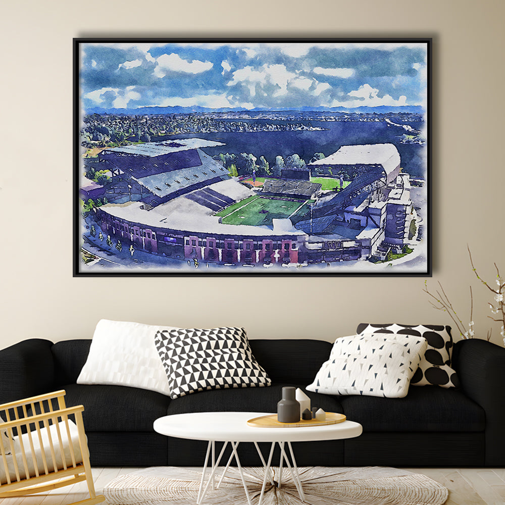 Husky Painting Stadium Watercolor, Seattle Washington Watercolor, Sport Gift Art, Framed Canvas Print Wall Art