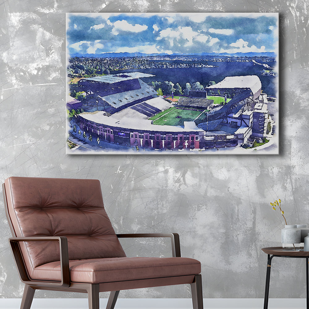 Husky Painting Stadium Watercolor, Seattle Washington Watercolor, Sport Art, Gifts for him, Canvas Print Wall Art