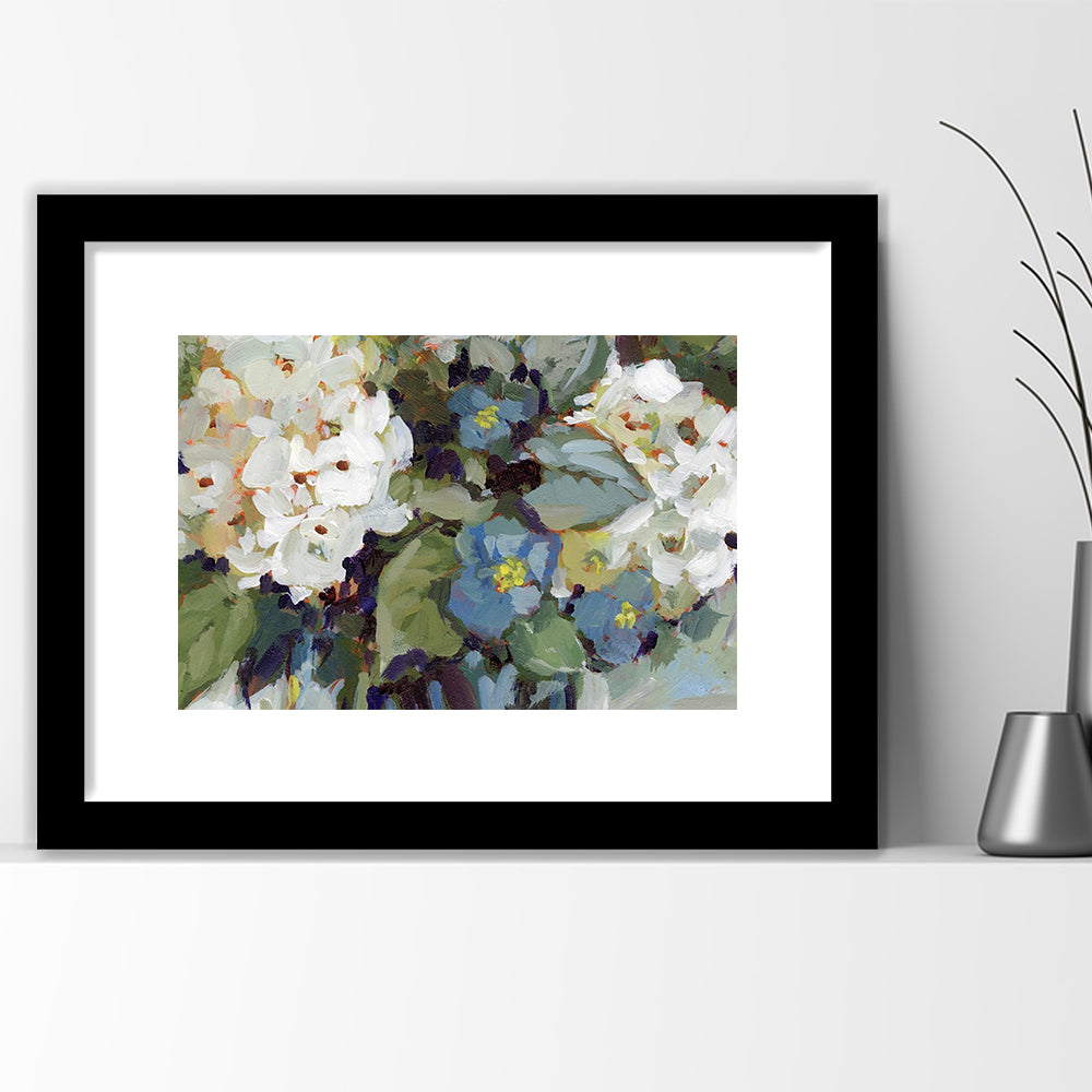 Hydrangea Arrangement Large Stretched Floating Frame Wall Art Print, Framed Art Print White Border