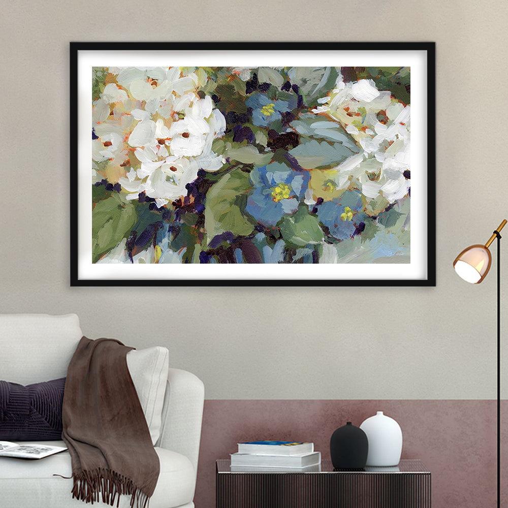 Hydrangea Arrangement Large Stretched Floating Frame Wall Art Print, Framed Art Print White Border