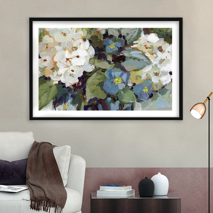Hydrangea Arrangement Large Stretched Floating Frame Wall Art Print, Framed Art Print White Border