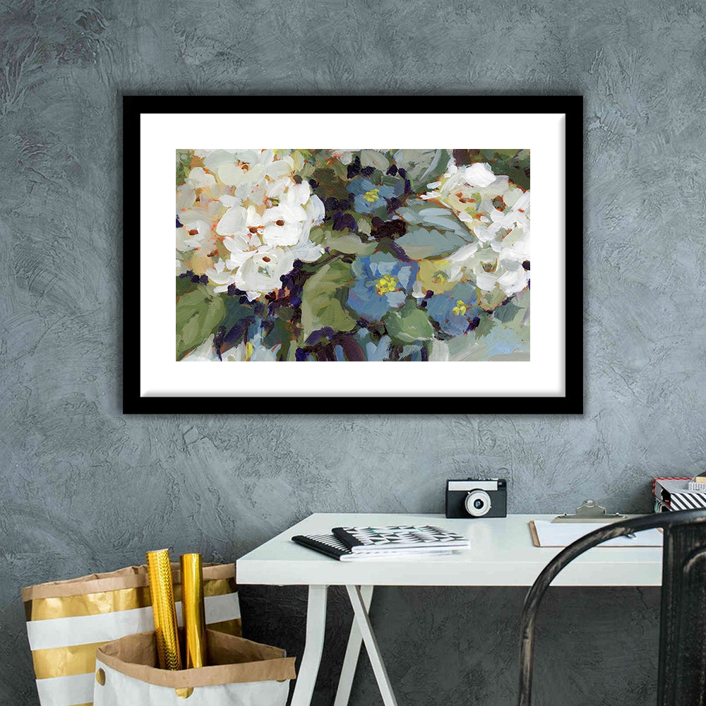 Hydrangea Arrangement Large Stretched Floating Frame Wall Art Print, Framed Art Print White Border