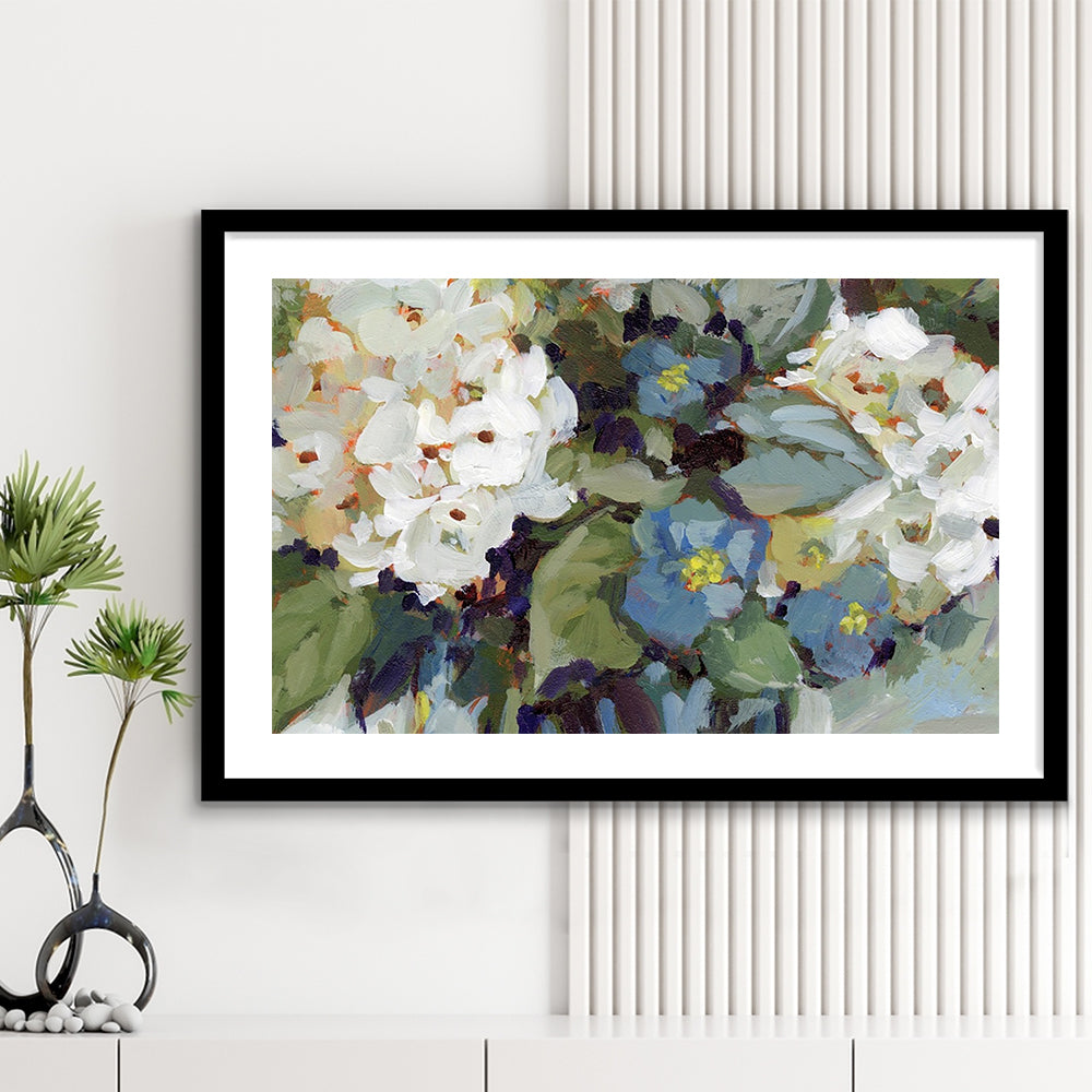 Hydrangea Arrangement Large Stretched Floating Frame Wall Art Print, Framed Art Print White Border