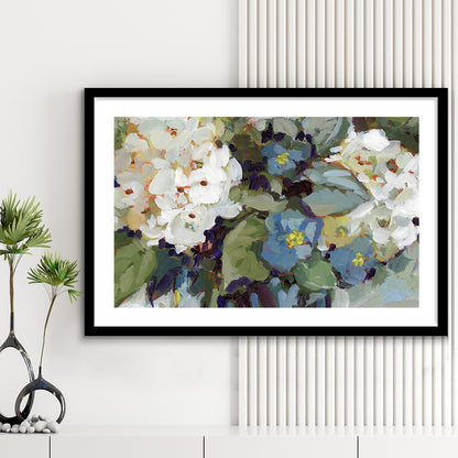 Hydrangea Arrangement Large Stretched Floating Frame Wall Art Print, Framed Art Print White Border