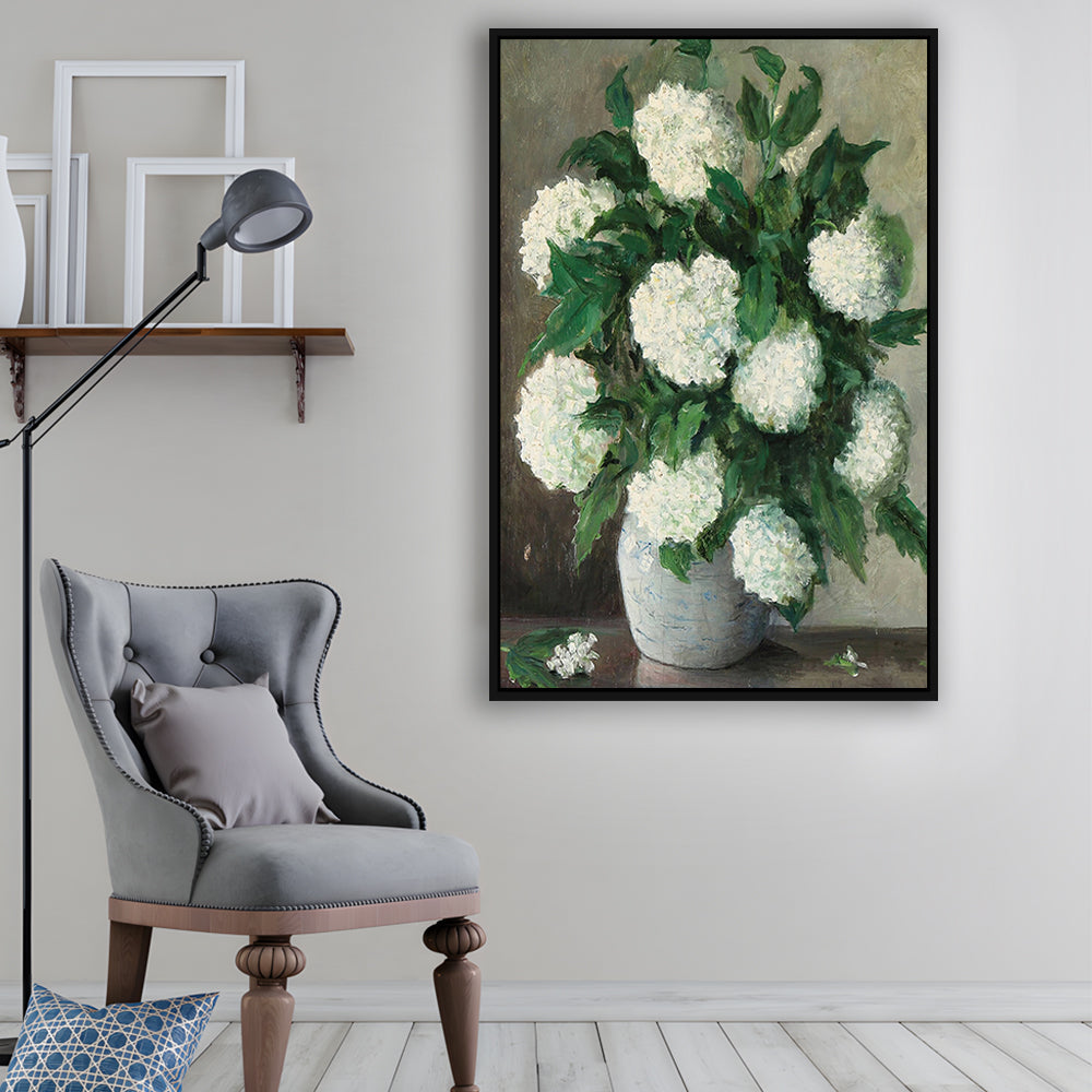 Hydrangeas Still Life Vintage Art Print Antique Art, Framed Canvas Print Wall Art, Floating Frame