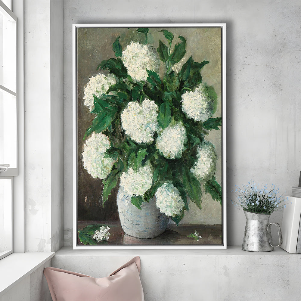 Hydrangeas Still Life Vintage Art Print Antique Art, Framed Canvas Print Wall Art, Floating Frame