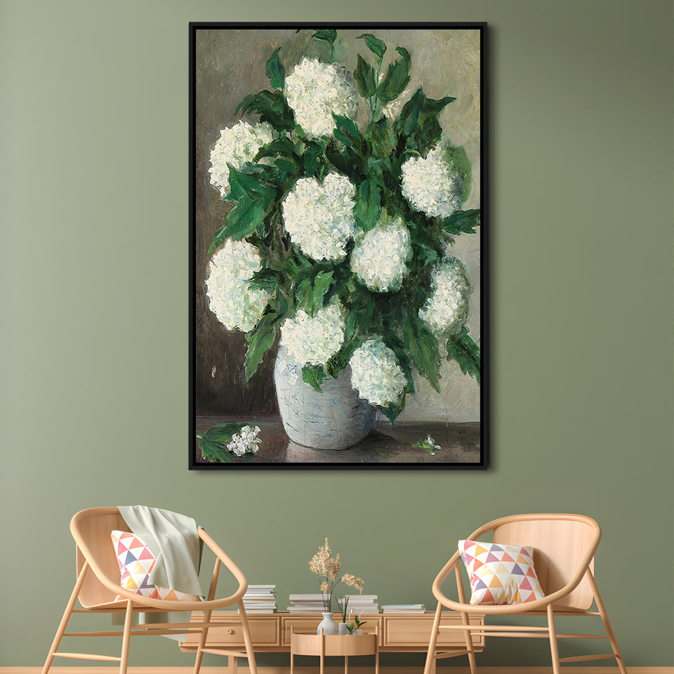 Hydrangeas Still Life Vintage Art Print Antique Art, Framed Canvas Print Wall Art, Floating Frame