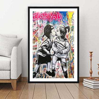I Love You Neon Sign Effect, Framed Art Print, Luxury Pictures Framed, White Border