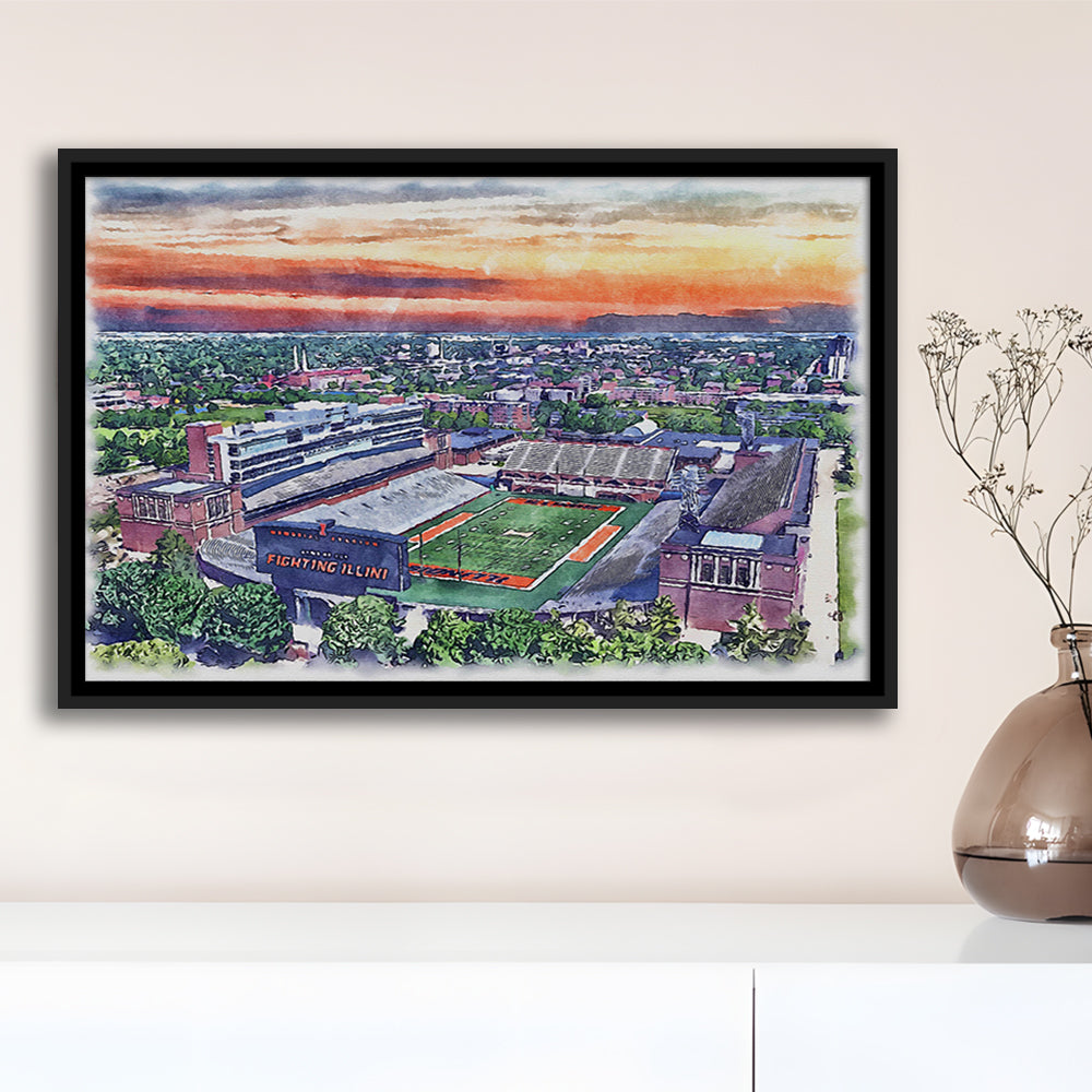 Illinois Fighting, Illinois Memorial Painting Stadium Watercolor, Sport Gift Art, Framed Canvas Print Wall Art
