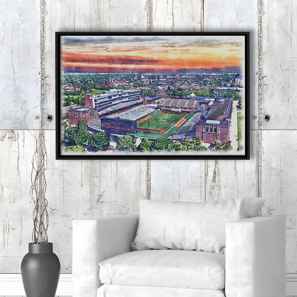 Illinois Fighting, Illinois Memorial Painting Stadium Watercolor, Sport Gift Art, Framed Canvas Print Wall Art