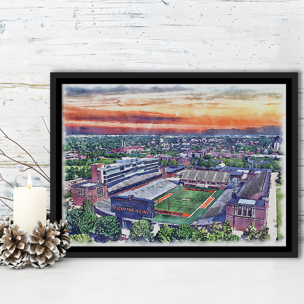 Illinois Fighting, Illinois Memorial Painting Stadium Watercolor, Sport Gift Art, Framed Canvas Print Wall Art