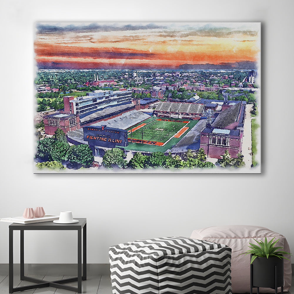 Illinois Fighting, Illinois Memorial Painting Stadium Watercolor, Sport Art, Gifts for him, Canvas Print Wall Art