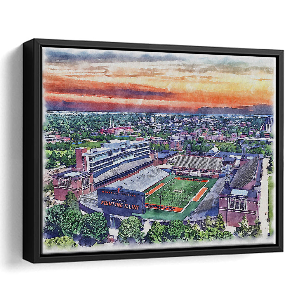 Illinois Fighting, Illinois Memorial Painting Stadium Watercolor, Sport Gift Art, Framed Canvas Print Wall Art
