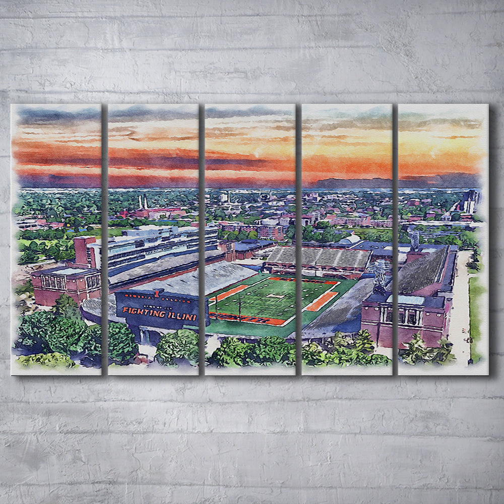 Illinois Fighting, Illinois Memorial Painting Stadium Watercolor, Sport Art, Extra Large Canvas Print Wall Art