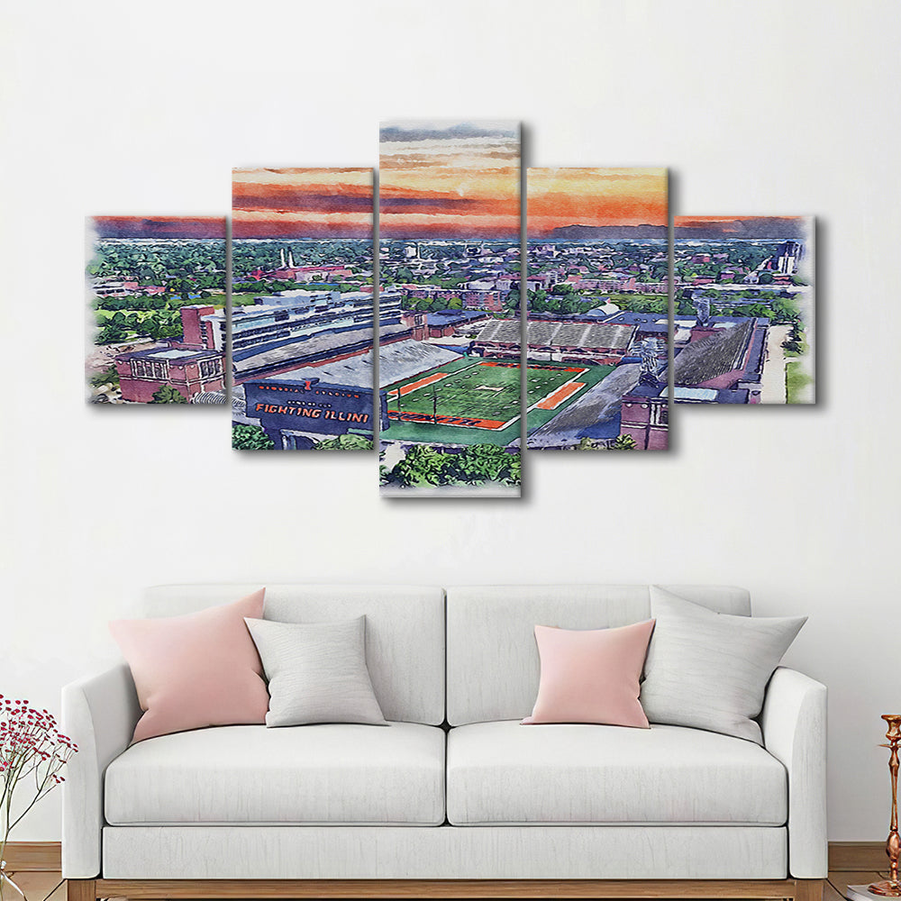Illinois Fighting, Illinois Memorial Painting Stadium Watercolor, Sport Art, Mixed 5 Panel, Canvas Print Wall Art