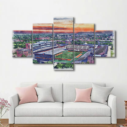 Illinois Fighting, Illinois Memorial Painting Stadium Watercolor, Sport Art, Mixed 5 Panel, Canvas Print Wall Art