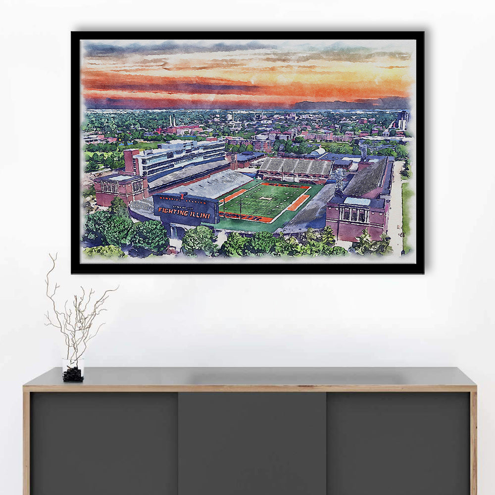 Illinois Fighting, Illinois Memorial Painting Stadium Watercolor, Sport Gift Art, Framed Art Print Wall Decor