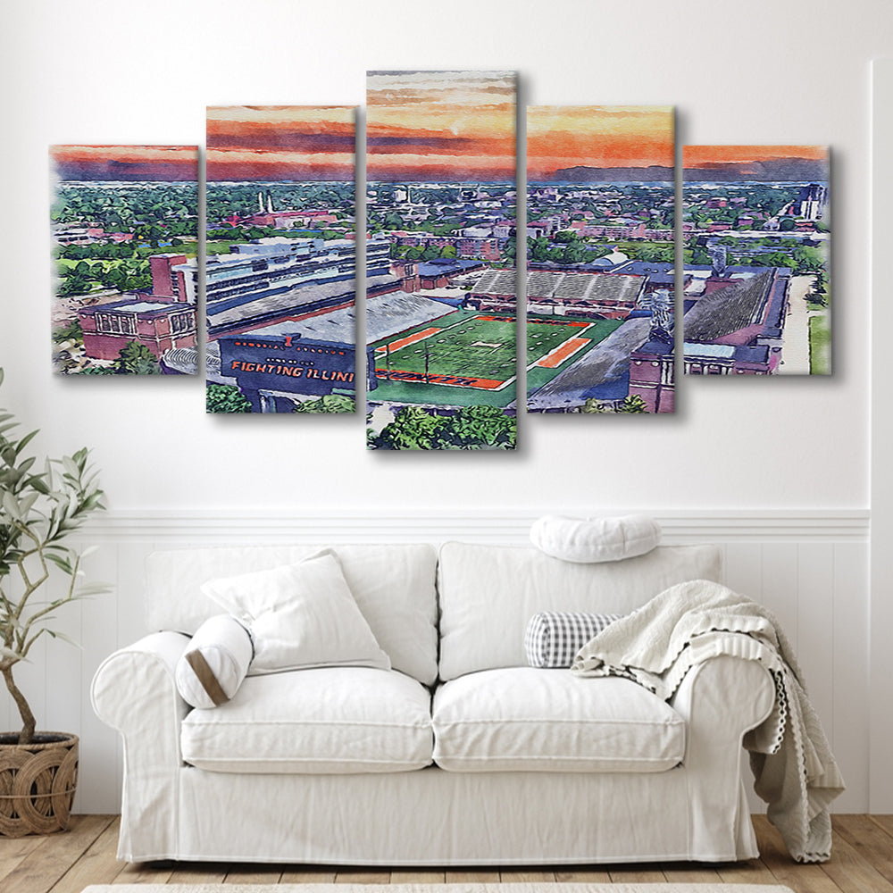 Illinois Fighting, Illinois Memorial Painting Stadium Watercolor, Sport Art, Mixed 5 Panel, Canvas Print Wall Art