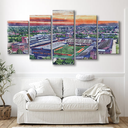 Illinois Fighting, Illinois Memorial Painting Stadium Watercolor, Sport Art, Mixed 5 Panel, Canvas Print Wall Art