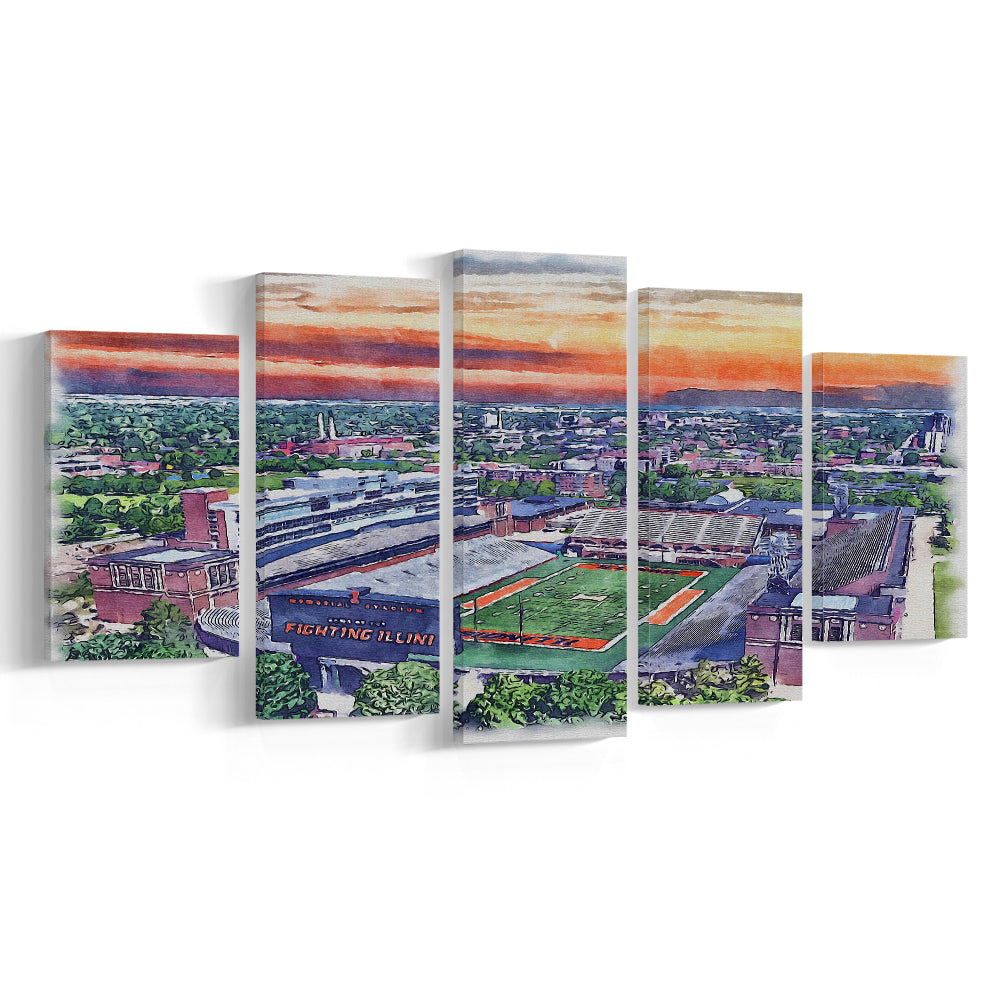 Illinois Fighting, Illinois Memorial Painting Stadium Watercolor, Sport Art, Mixed 5 Panel, Canvas Print Wall Art