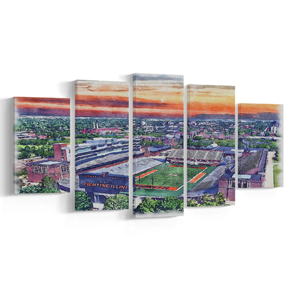 Illinois Fighting, Illinois Memorial Painting Stadium Watercolor, Sport Art, Mixed 5 Panel, Canvas Print Wall Art
