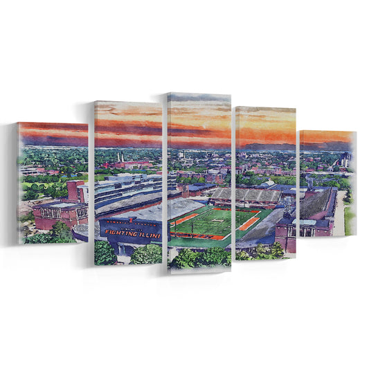 Illinois Fighting, Illinois Memorial Painting Stadium Watercolor, Sport Art, Mixed 5 Panel, Canvas Print Wall Art