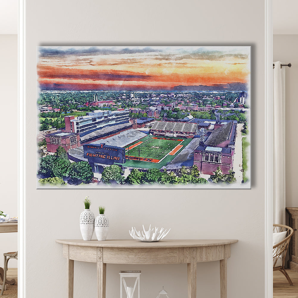 Illinois Fighting, Illinois Memorial Painting Stadium Watercolor, Sport Art, Gifts for him, Canvas Print Wall Art