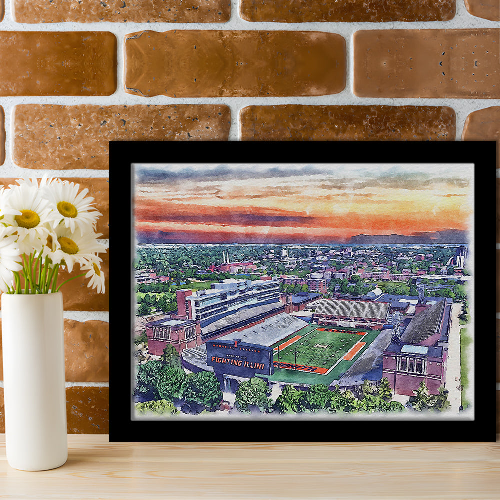 Illinois Fighting, Illinois Memorial Painting Stadium Watercolor, Sport Gift Art, Framed Art Print Wall Decor