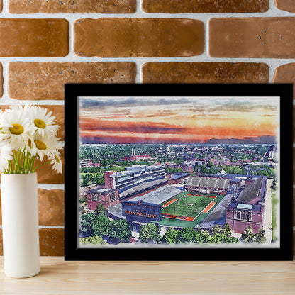 Illinois Fighting, Illinois Memorial Painting Stadium Watercolor, Sport Gift Art, Framed Art Print Wall Decor
