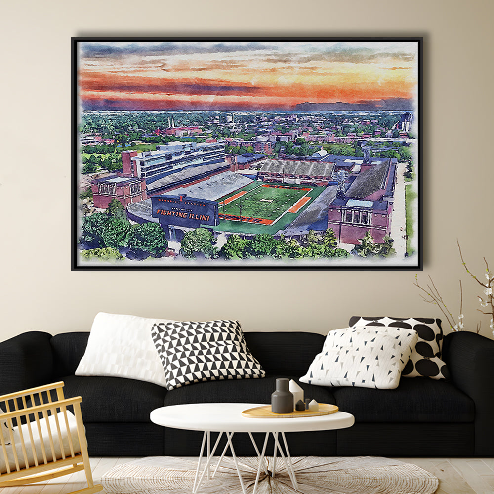 Illinois Fighting, Illinois Memorial Painting Stadium Watercolor, Sport Gift Art, Framed Canvas Print Wall Art