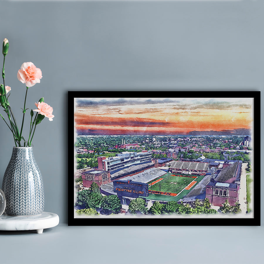 Illinois Fighting, Illinois Memorial Painting Stadium Watercolor, Sport Gift Art, Framed Art Print Wall Decor