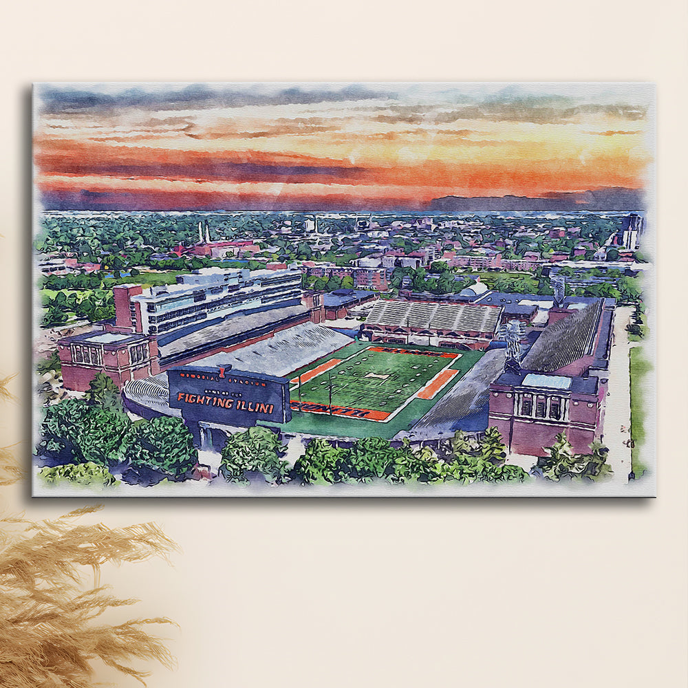 Illinois Fighting, Illinois Memorial Painting Stadium Watercolor, Sport Art, Gifts for him, Canvas Print Wall Art