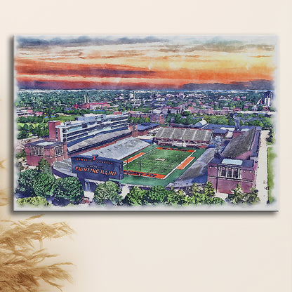 Illinois Fighting, Illinois Memorial Painting Stadium Watercolor, Sport Art, Gifts for him, Canvas Print Wall Art