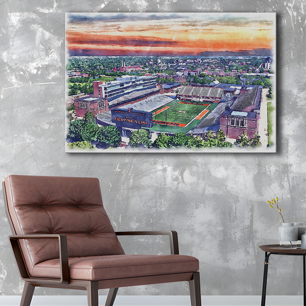 Illinois Fighting, Illinois Memorial Painting Stadium Watercolor, Sport Art, Gifts for him, Canvas Print Wall Art