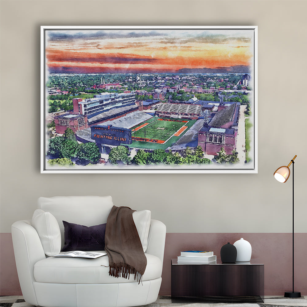 Illinois Fighting, Illinois Memorial Painting Stadium Watercolor, Sport Gift Art, Framed Canvas Print Wall Art