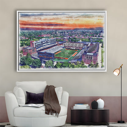 Illinois Fighting, Illinois Memorial Painting Stadium Watercolor, Sport Gift Art, Framed Canvas Print Wall Art