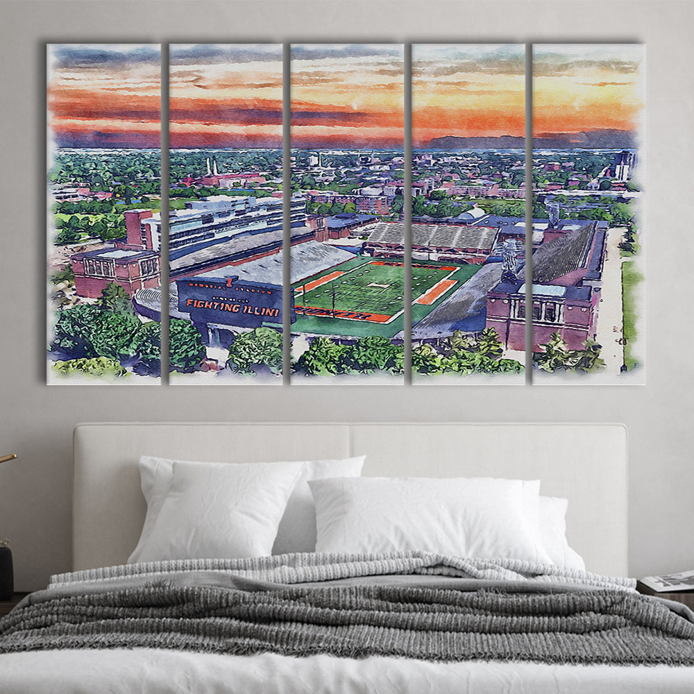 Illinois Fighting, Illinois Memorial Painting Stadium Watercolor, Sport Art, Extra Large Canvas Print Wall Art