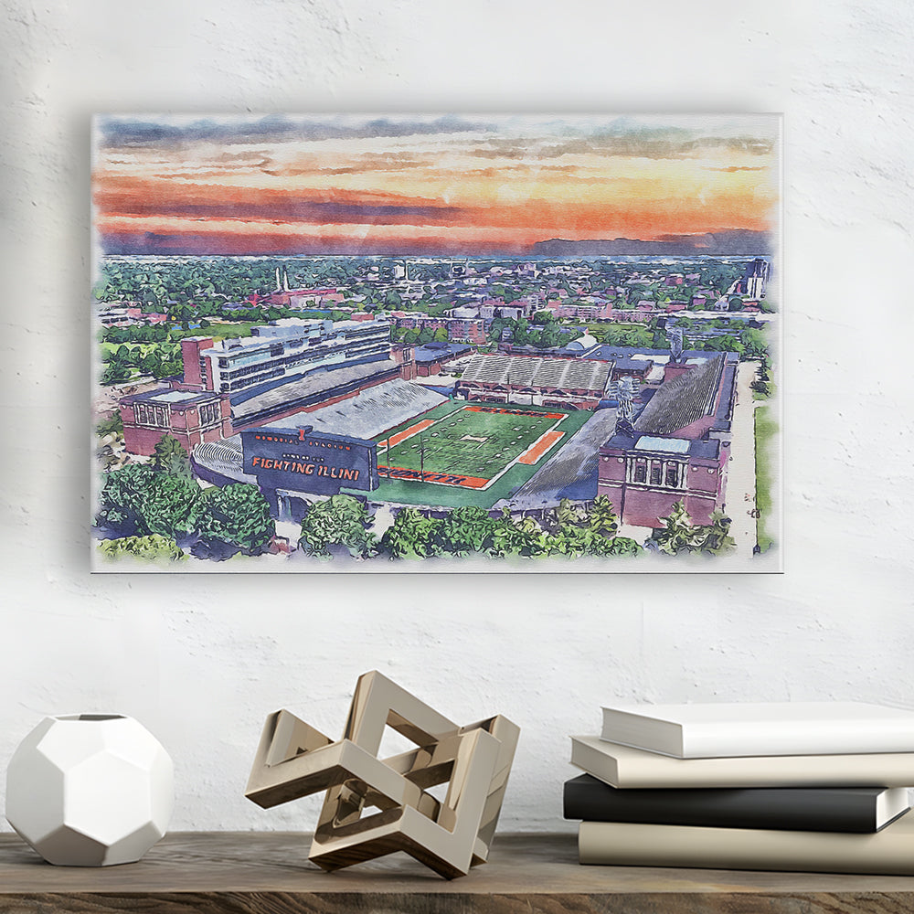 Illinois Fighting, Illinois Memorial Painting Stadium Watercolor, Sport Art, Gifts for him, Canvas Print Wall Art