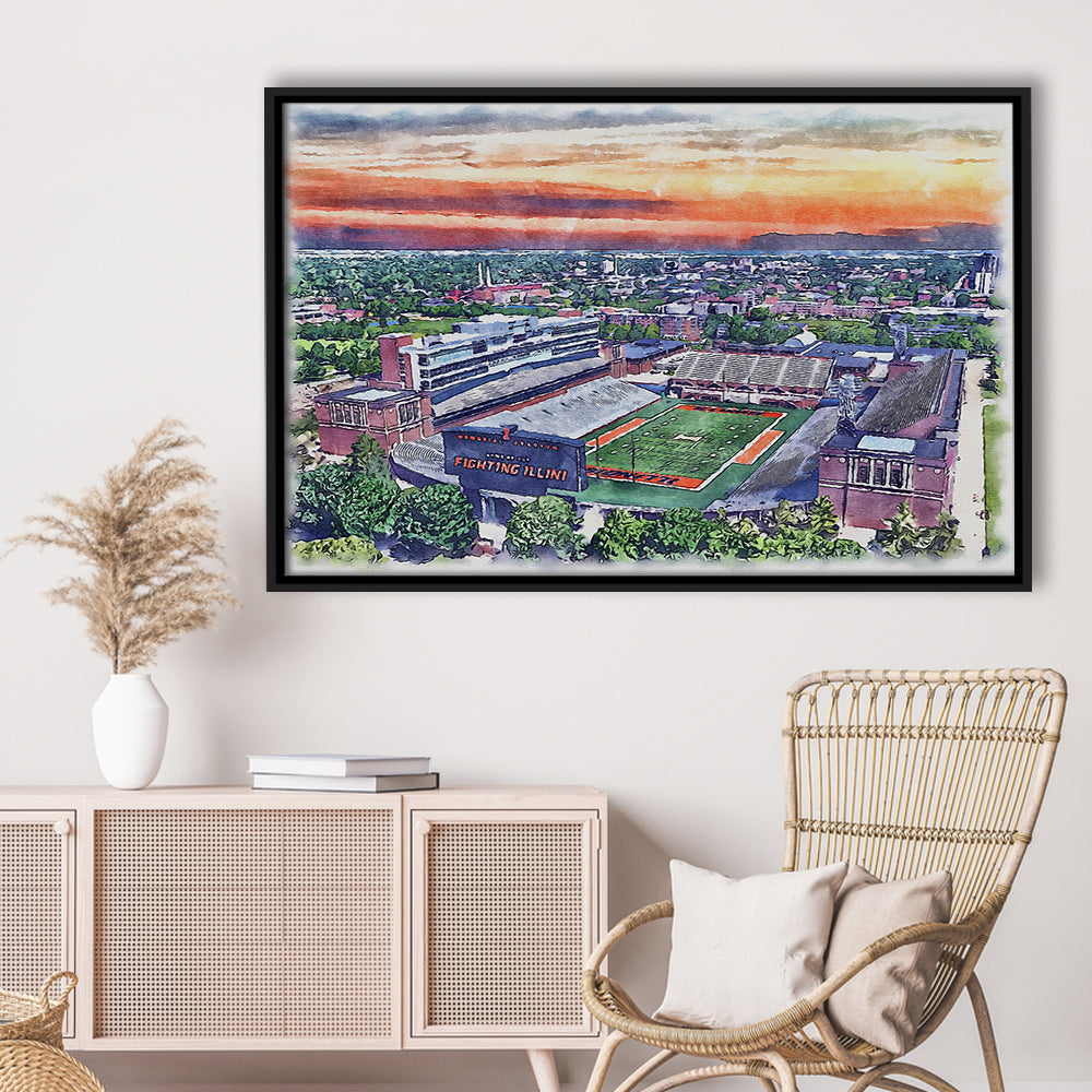 Illinois Fighting, Illinois Memorial Painting Stadium Watercolor, Sport Gift Art, Framed Canvas Print Wall Art