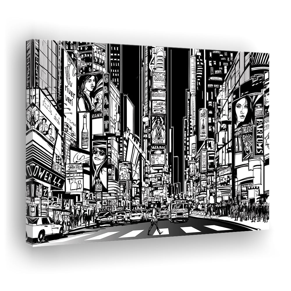 Illustration of a Street in New York City at Night, B&W New York Illustration Wall Art, Cavas Print Wall Art Hom Decor