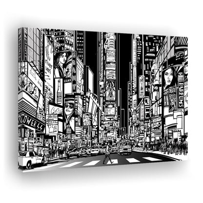 Illustration of a Street in New York City at Night, B&W New York Illustration Wall Art, Cavas Print Wall Art Hom Decor