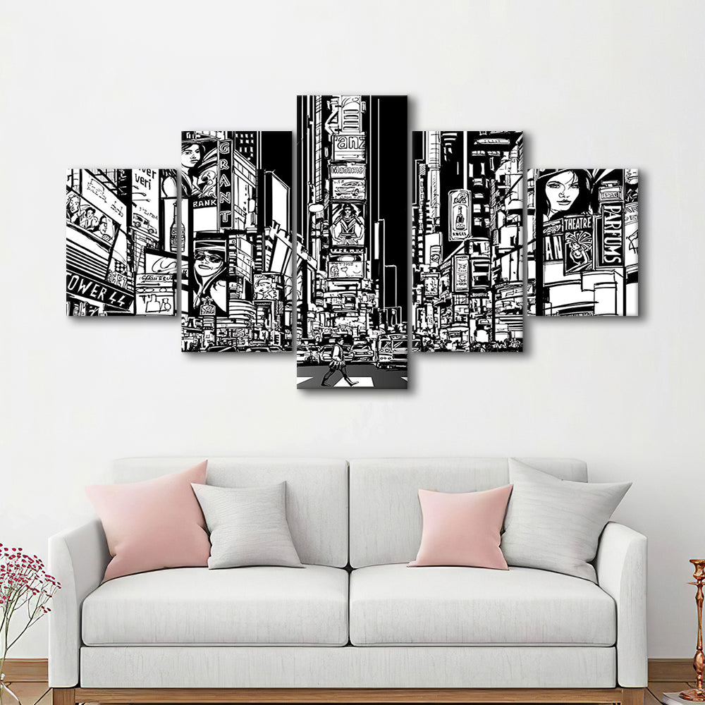 Illustration of a Street in New York City at Night, B&W New York Wall Art, 5 Piece Large Cavas Print Wall Art
