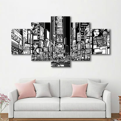 Illustration of a Street in New York City at Night, B&W New York Wall Art, 5 Piece Large Cavas Print Wall Art